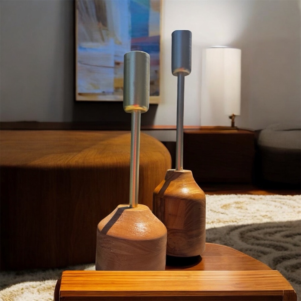MCM Wood and Gold Candle Holders